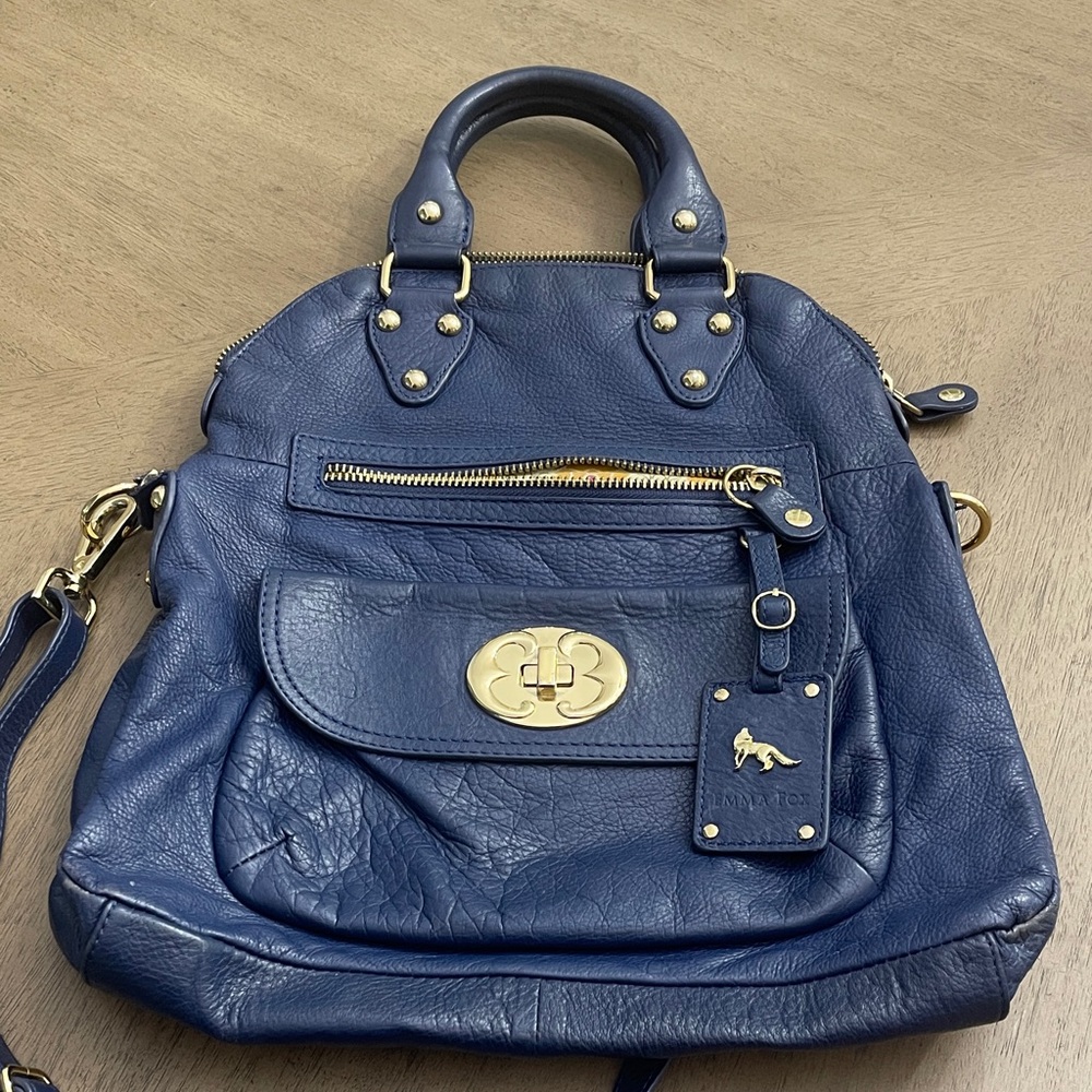 Emma Fox Navy Leather Backpack with Gold Accents